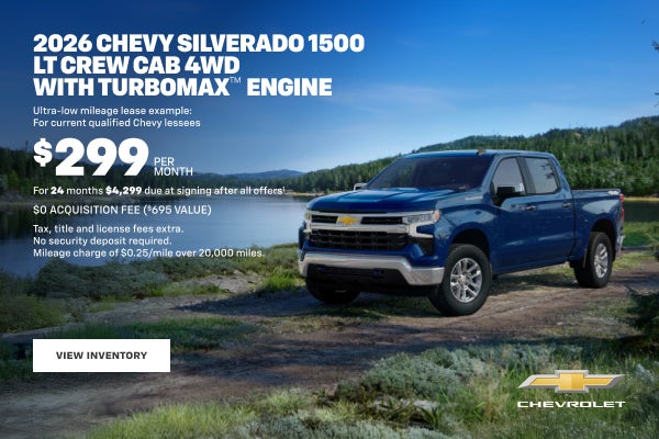 2026 Chevy Silverado 1500 LT Crew Cab 4WD with TurboMax Engine. Ultra-low mileage lease example f...